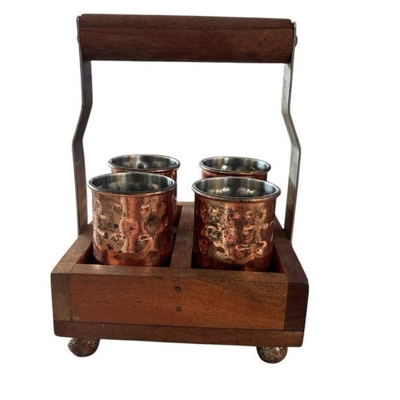 Hammered Copper Shot Glasses in Wooden Caddy - Picture 11 of 12